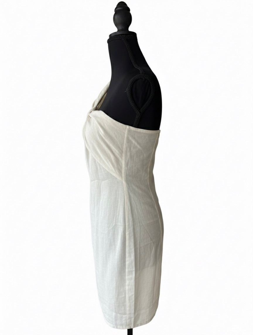 Cotton-Linen One-Shoulder Mini Dress, Beige Twist-Front Design, Asymmetrical Neckline with Knotted Dress