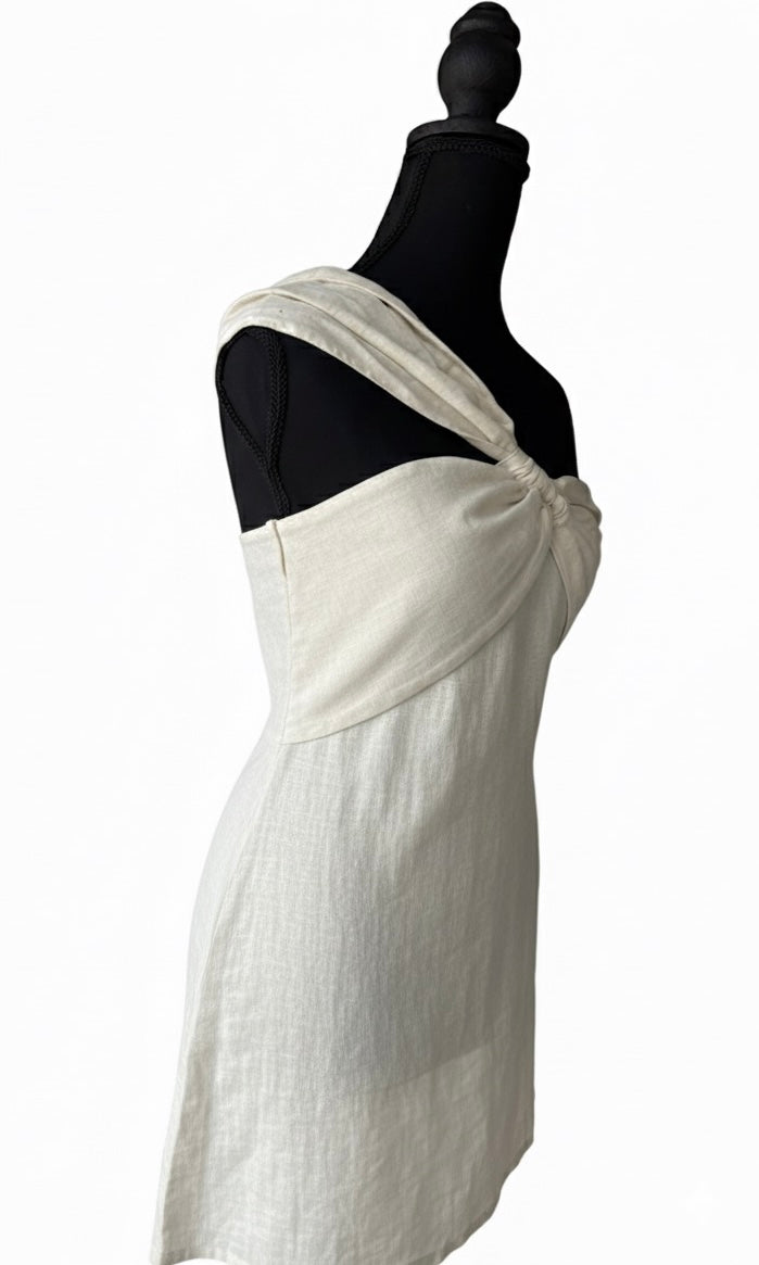 Cotton-Linen One-Shoulder Mini Dress, Beige Twist-Front Design, Asymmetrical Neckline with Knotted Dress