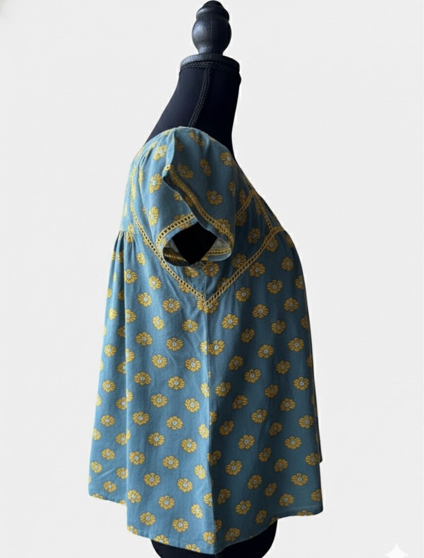 Floral Print Viscose Rayon Square Neck Top with yellow lace