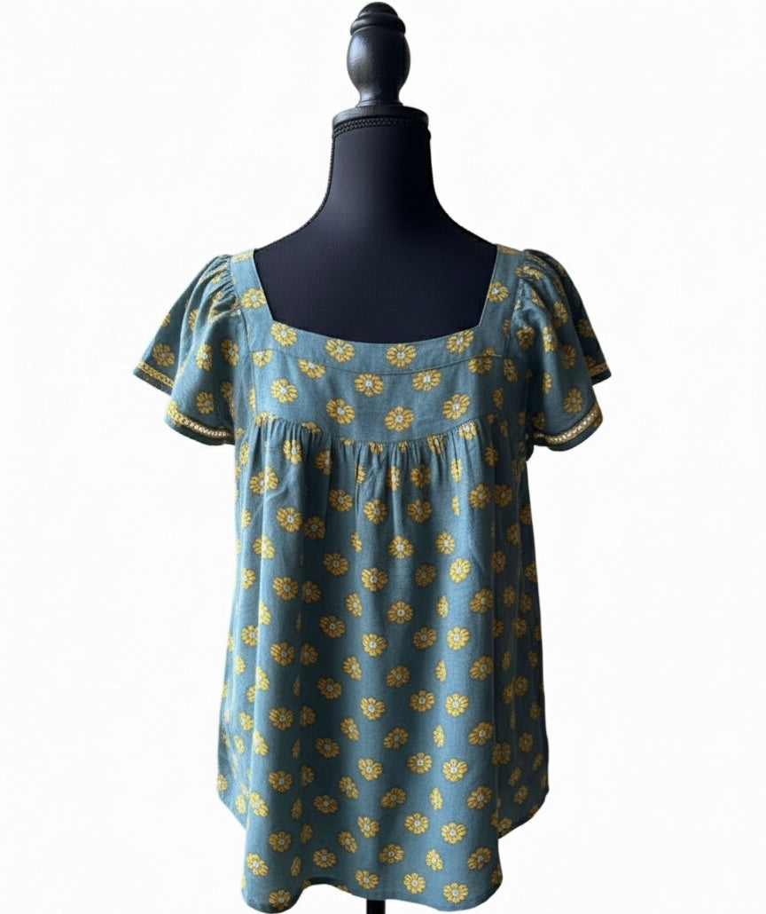 Floral Print Viscose Rayon Square Neck Top with yellow lace