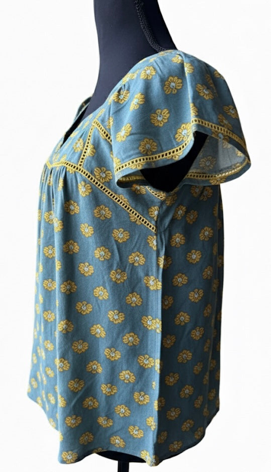 Floral Print Viscose Rayon Square Neck Top with yellow lace