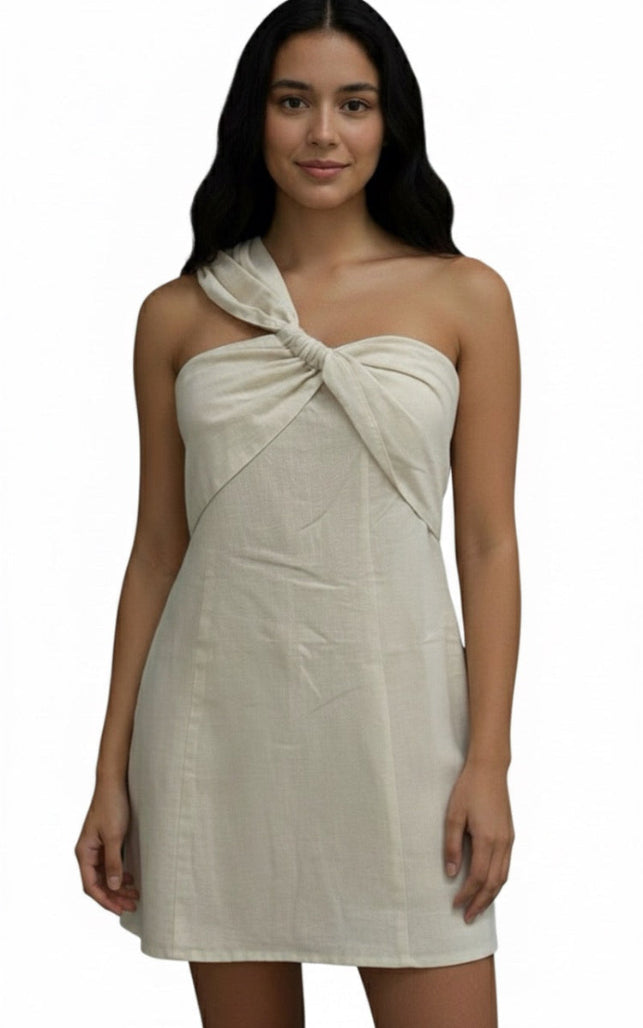 Cotton-Linen One-Shoulder Mini Dress, Beige Twist-Front Design, Asymmetrical Neckline with Knotted Dress