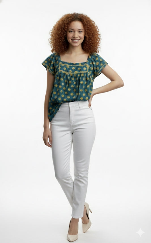 Floral Print Viscose Rayon Square Neck Top with yellow lace