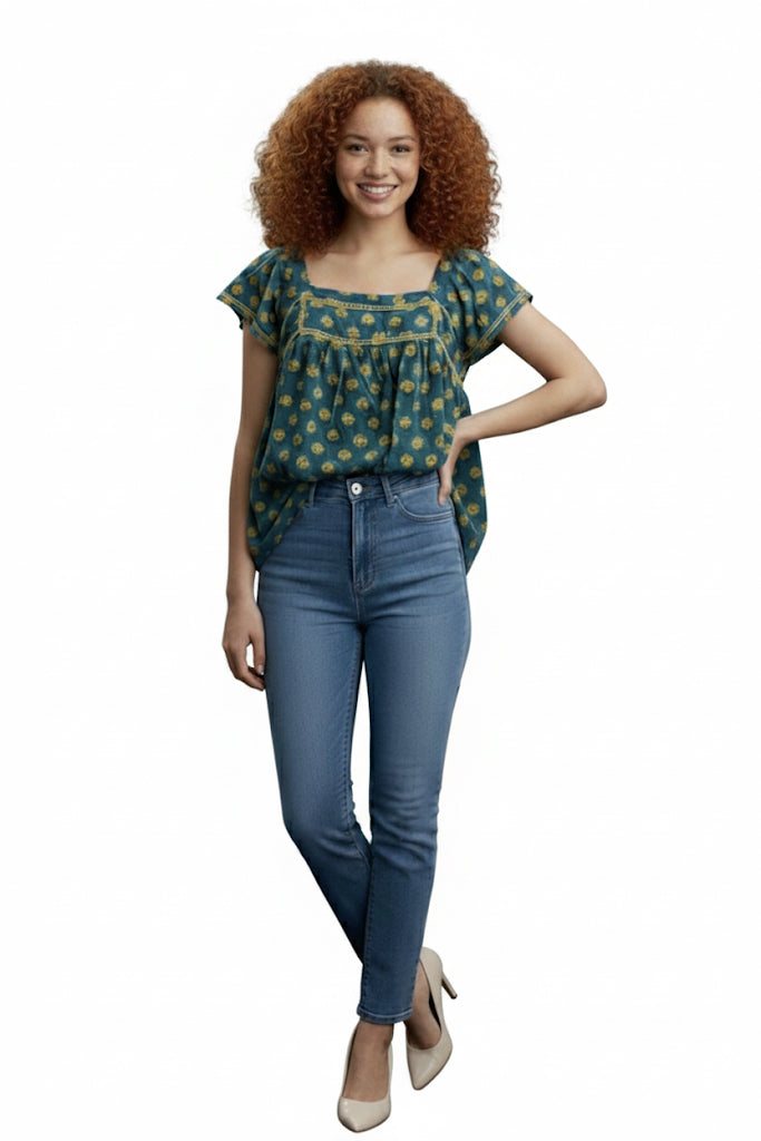 Floral Print Viscose Rayon Square Neck Top with yellow lace