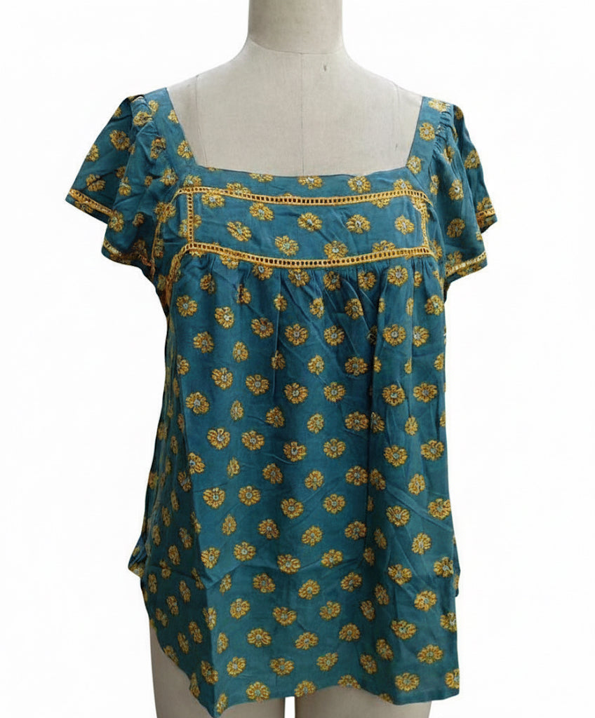 Floral Print Viscose Rayon Square Neck Top with yellow lace